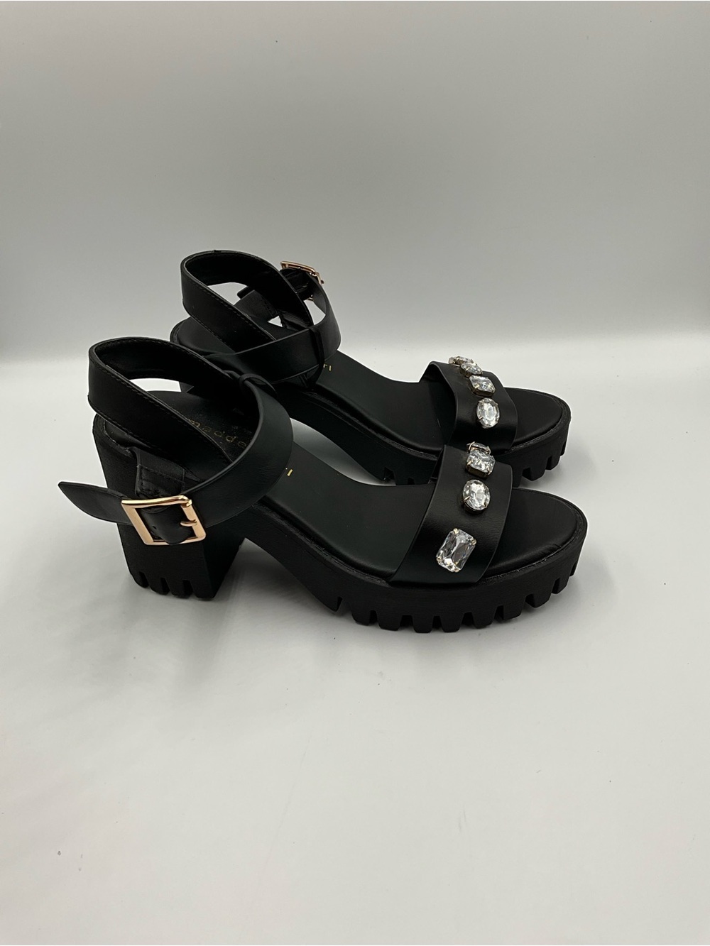 Madden Girl Sandals Size 6.5 Black Gem-Embellished Chunky Platform - Picture 3 of 8